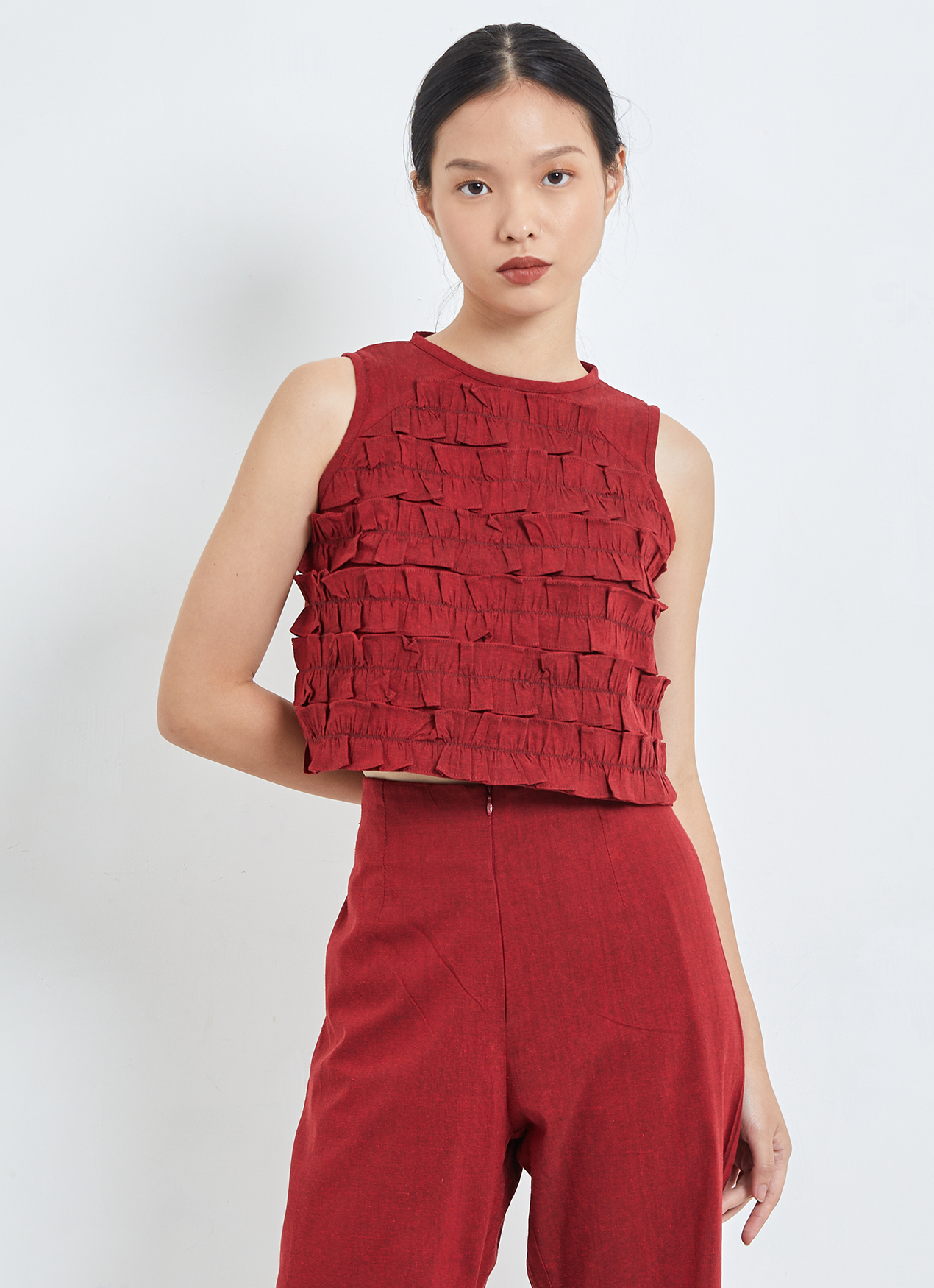 Red Lai Ruffle Tenun Top
