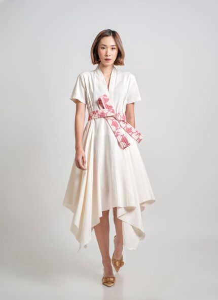White Bian Tenun Dress with Red Obi