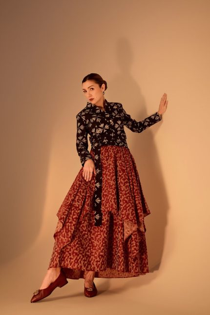 Drini Red Cotton Jacquard Asymmetric Skirt